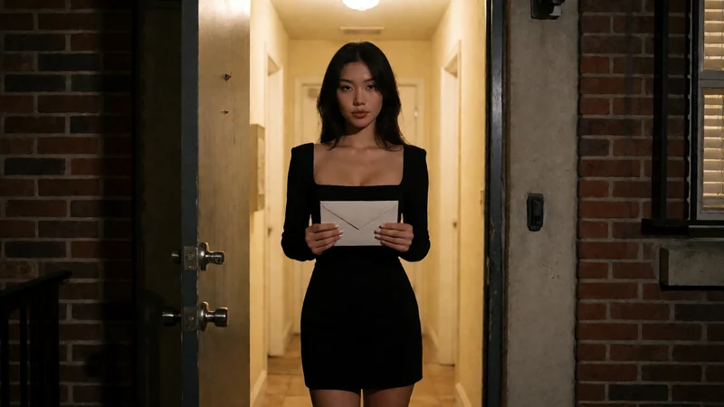 虚构成年东亚女主穿黑色短裙夜晚靠在门边拿着信封